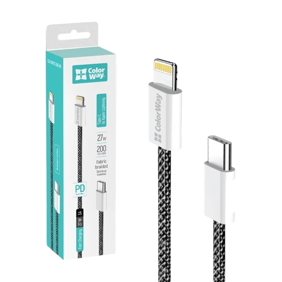 Кабель СolorWay Type-C to Apple Lightning 2 м 3,0А Black фото