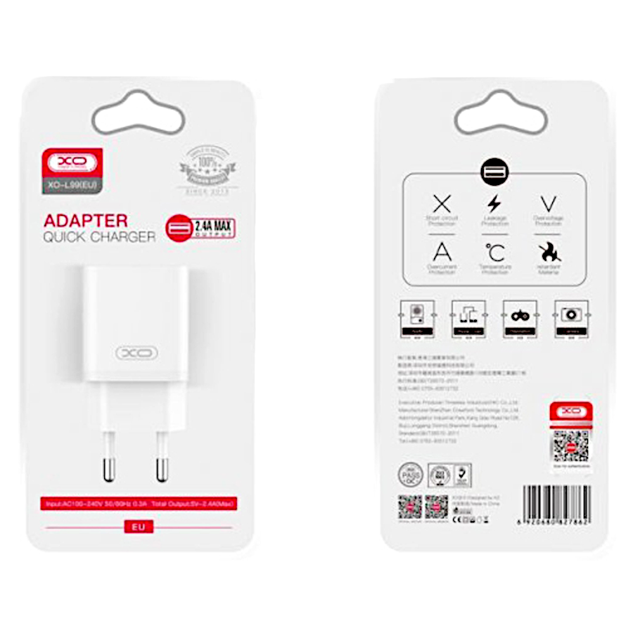 Зарядний пристрій XO USB 12 Вт 2,4А White фото