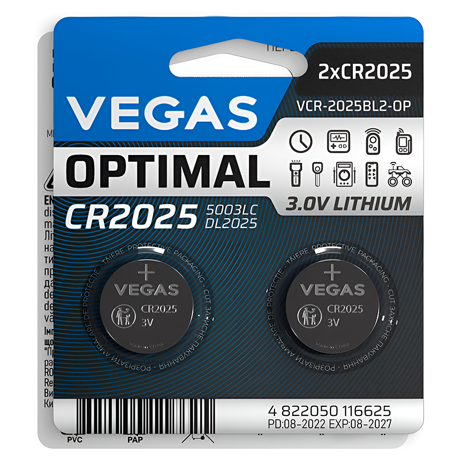 Батарейка-таблетка Vegas CR2025 2 шт. Optimal мініатюра