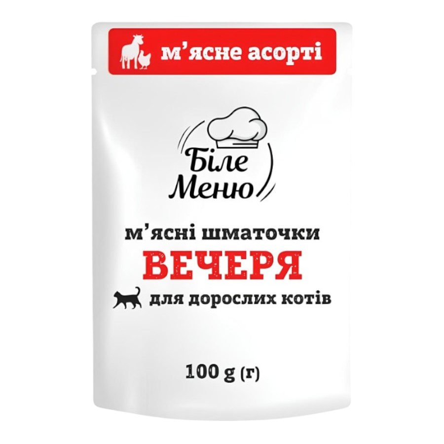 Корм для котів Біле меню 100 г в соусі м`ясне асорті фото