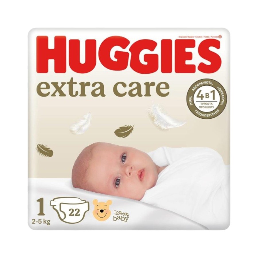 Підгузки дитячі Huggies одноразові 1 2-5 кг 22 шт. Extra care 4 в1 фото
