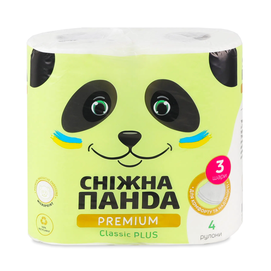 Папір туалетний Сніжна панда 3-шаровий 4 рулони Premium classic plus фото