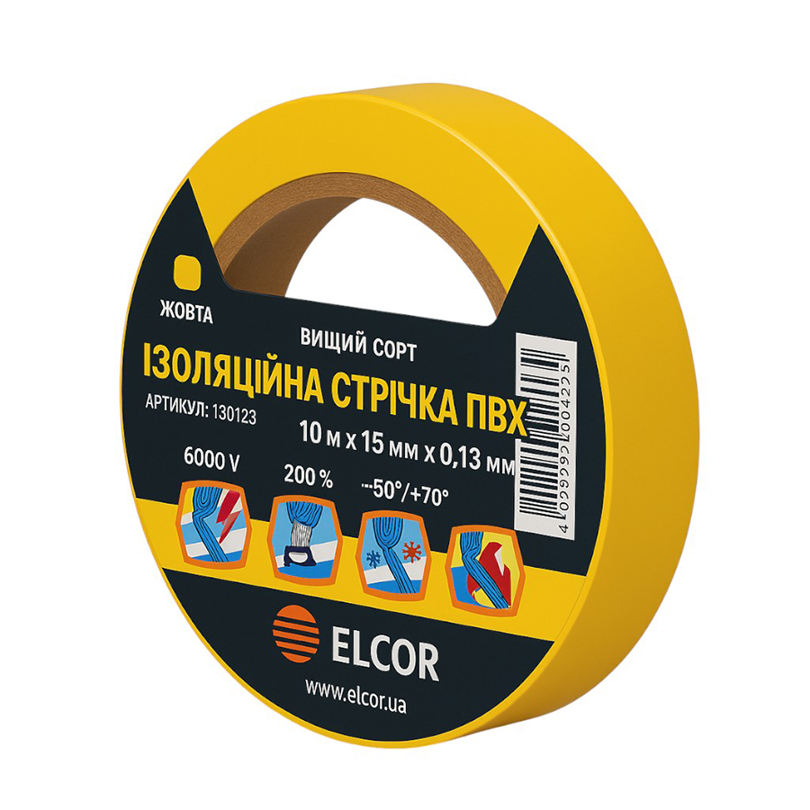 Ізоляційна стрічка Elcor ПВХ жовта 0,13*15 мм 10 м фото