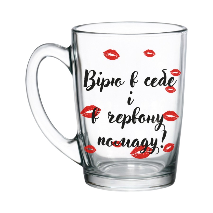 Чашка скляна Galleryglass 330 мл Вірю в себе і червону помаду фото