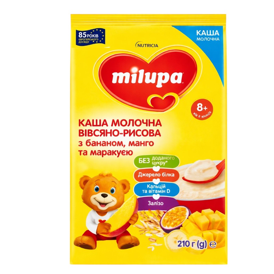 Каша дитяча Milupa 210 г Молочна вівсяно-рисова з бананом, манго та маракує фото