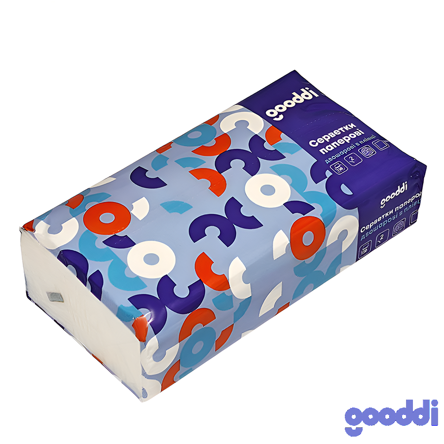 Серветки паперові Gooddi 2-шарові 150 шт. у плівці фото