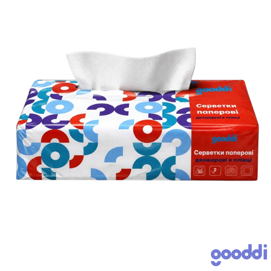 Серветки паперові Gooddi 2-шарові 150 шт. у плівці фото