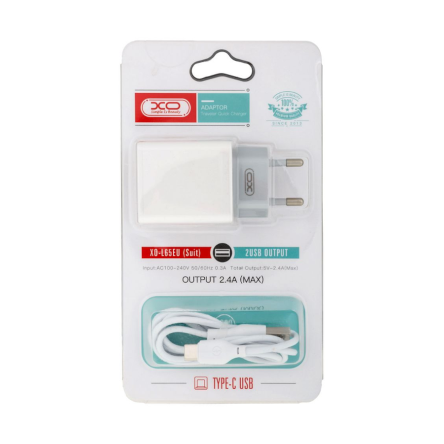 Зарядний пристрій XO USB 2,4А L65EU+Type-C / 96323 White фото