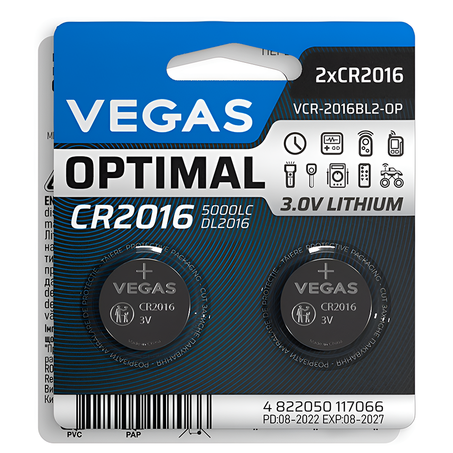 Батарейка-таблетка Vegas CR2016 2 шт. Optimal мініатюра
