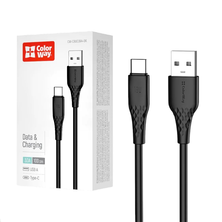 Кабель СolorWay USB to Type-C 1 м 3 А Black мініатюра