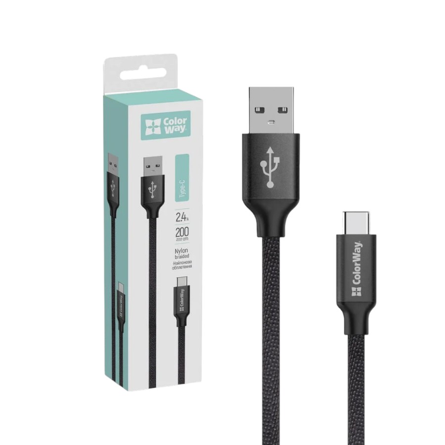 Кабель СolorWay USB to Type-C 2 м 2,4А Black фото