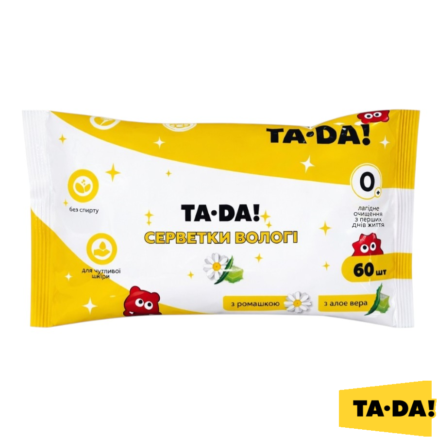 Вологі серветки TA-DA! 60 шт. з екстрактами алое та ромашки фото