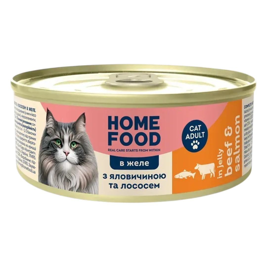 Корм для котів Home Food 85 г в желе з яловичиною та лососем мініатюра