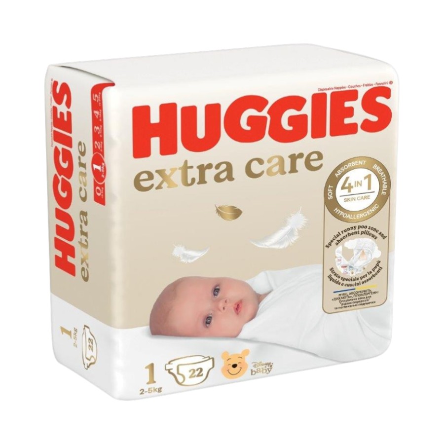 Підгузки дитячі Huggies одноразові 1 2-5 кг 22 шт. Extra care 4 в1 фото